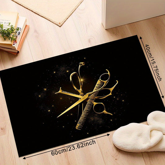 Luxury Salon Mat - Large Non-Slip Hairdressing Mat with Golden Scissors Design, Thick Heavy-Duty Floor Mat for Salon, Living Room, Office - Machine Washable Beauty School Decor - Elegant Black & Golden Hairstylist Floor Mat,