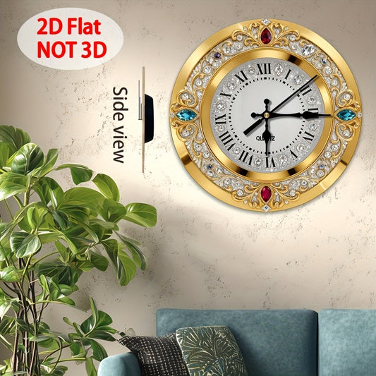 1pc 2D plane wall-mounted clock decoration, 10/12inch Golden multi-jewel crystal decorated wooden wall clock, diamond effect/pattern, no diamonds word wooden circular wall-mounted clock, wooden circular decorative clock with