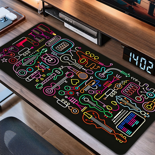 1pc Neon Music-Themed Mouse Pad with Guitar, Headphones & DJ Design - Non-Slip Rubber Base, Smooth Surface for Gaming & Office Use, Vibrant Colors, Perfect for Musicians & Gamers, Music Mouse Pad