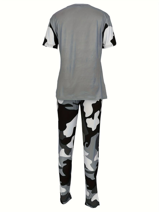 No Worries, God Got Me Camouflage Print Spring And Summer Short-sleeved Round Neck T-shirt Camouflage Print Tight Trousers Suit Spring And Summer S Leisure Two-piece Suit, Casual Wear, Leisure Outfit, Short Sleeve Top, Tight
