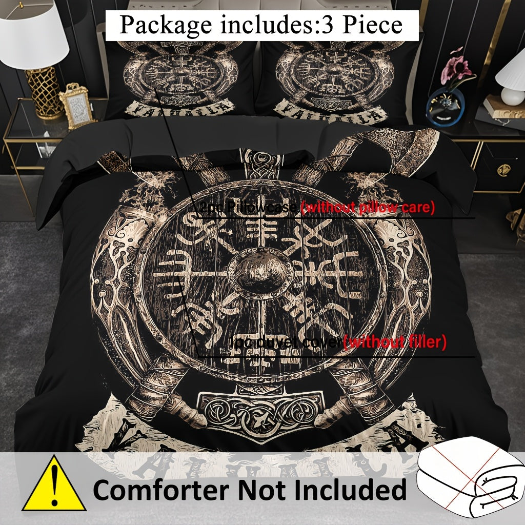 3pcs Comfortable Viking Shield Theme Duvet Cover Set, Soft High-Definition Digital Print, Soft, Breathable 100% Polyester, Perfect Gift, All-Season, Family And Friends Gift, Machine Washable (1 Duvet Cover + 2 Pillowcases, No