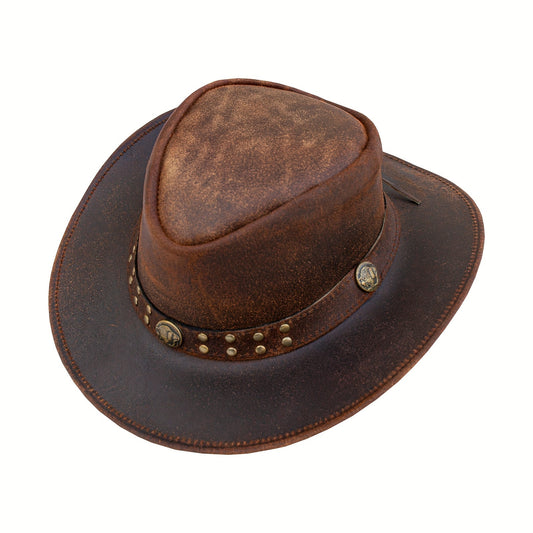 1pc Western Cowboy Hat Shapeable Indoor Outdoor Hat, Halloween Christmas Hat, Genuine Leather Western Vintage Outdoor Wide Brim Hat for Men Women, 2 Style Available