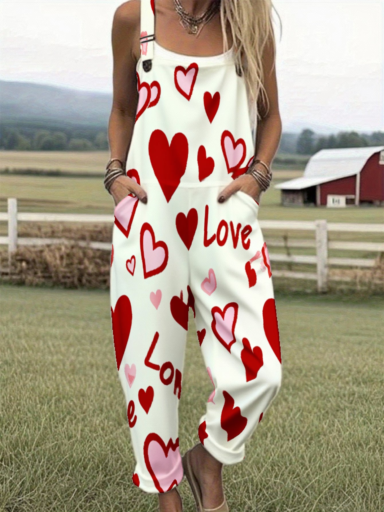 Women'S White Heart Print Love Text Overalls | Casual Summer Farm Style Outfit, V-neck, Print Pattern