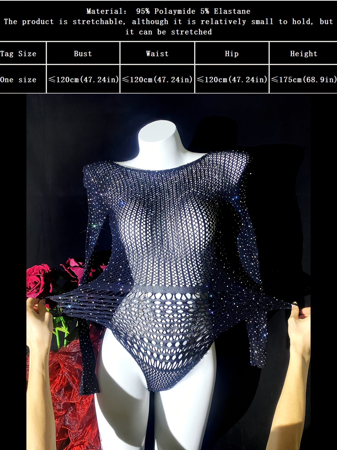 Sexy Long-Sleeve Rhinestone-Embellished Jumpsuit with Skeleton Details - Sparkling Black Swimsuit for Parties & Beach Events, Elegant Adult Swimwear for Women, Party Swimwear, Beach Event Attire, Skeleton Swimwear, Rhinestone