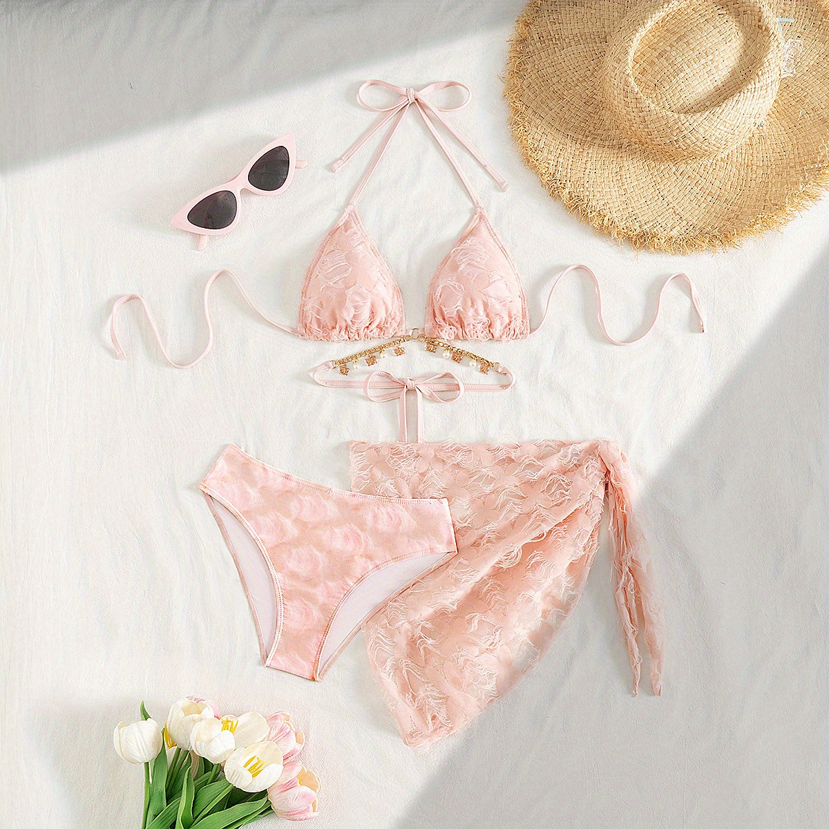 Pink Lace Bikini Three-Piece Set | Tie Halter Design with Pearl Chain, Includes Cover-Up Skirt, Sweet Vacation Beach Swimsuit, High Stretch Fabric