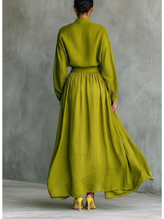 Yellow-Green High-Neck Loose-Fit Long-Sleeve Top + Wide-Hem Flowing Skirt Women's Elegant Set | Soft, Relaxed, and Effortless Vibe Perfect for Casual Outings & Lightly Sophisticated Commuting Looks