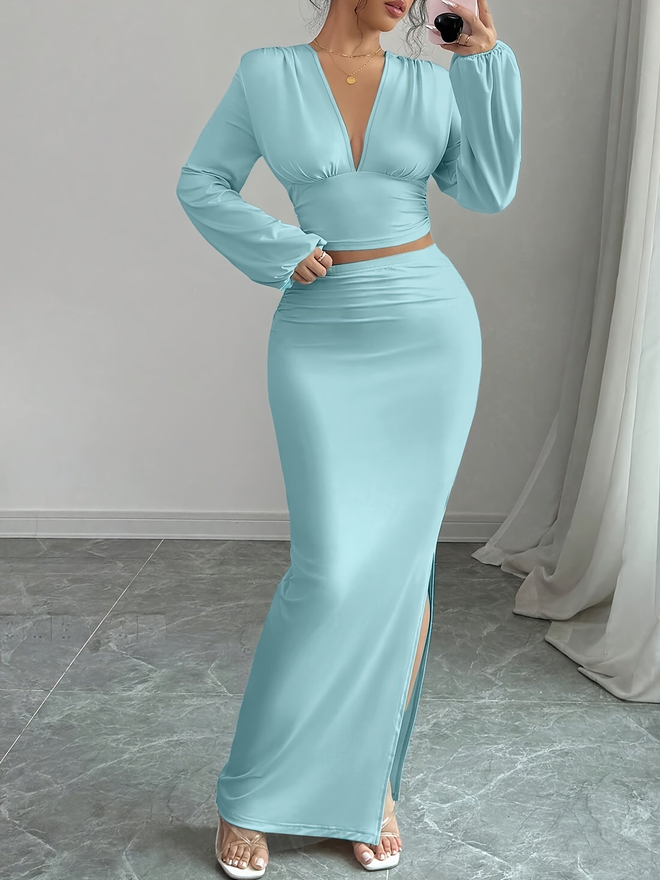 Women'S Elegant Slim-Fit V-Neck Long Sleeve Top & Pencil Skirt Two-Piece Set - Solid Light Blue, Structured Office to Semi-Formal Outfit, Tailored Silhouette for Spring/Autumn, Versatile Work to Semi-Formal Wear, Comfortable