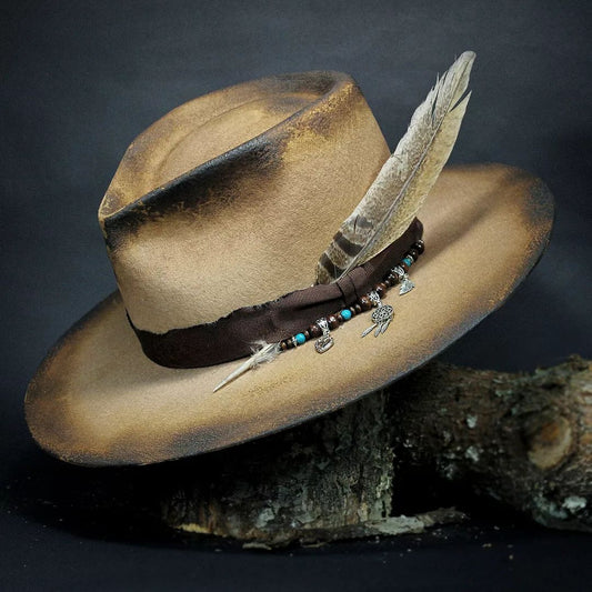 Unisex Vintage Wool Felt Hat with Turquoise-like Feather-Like Ribbon & Feather-Like Pendant - Wide Brim Western /Cowgirl Hat for &, Casual Outdoors, Parties, Daily Wear - Beige/Brown Retro Jazz