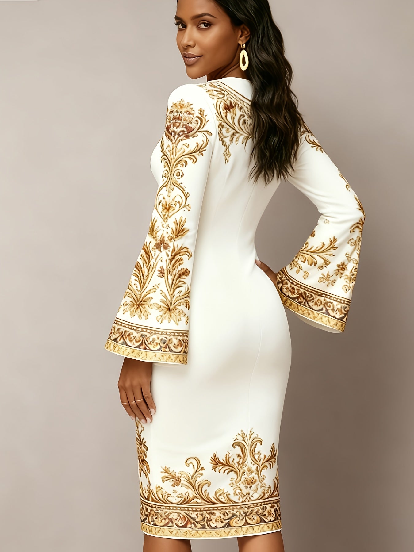 Champagne Golden Premium 2D Flat Print - Not Fabric Texture, Women's Long Flared Sleeves, Hip Hugging Slim Fit, Thin Dress, Slim Fit, Comfortable Fabric, Fashion, Women's Daily Travel, Elegant Leisure, Dating Party, Mature, S