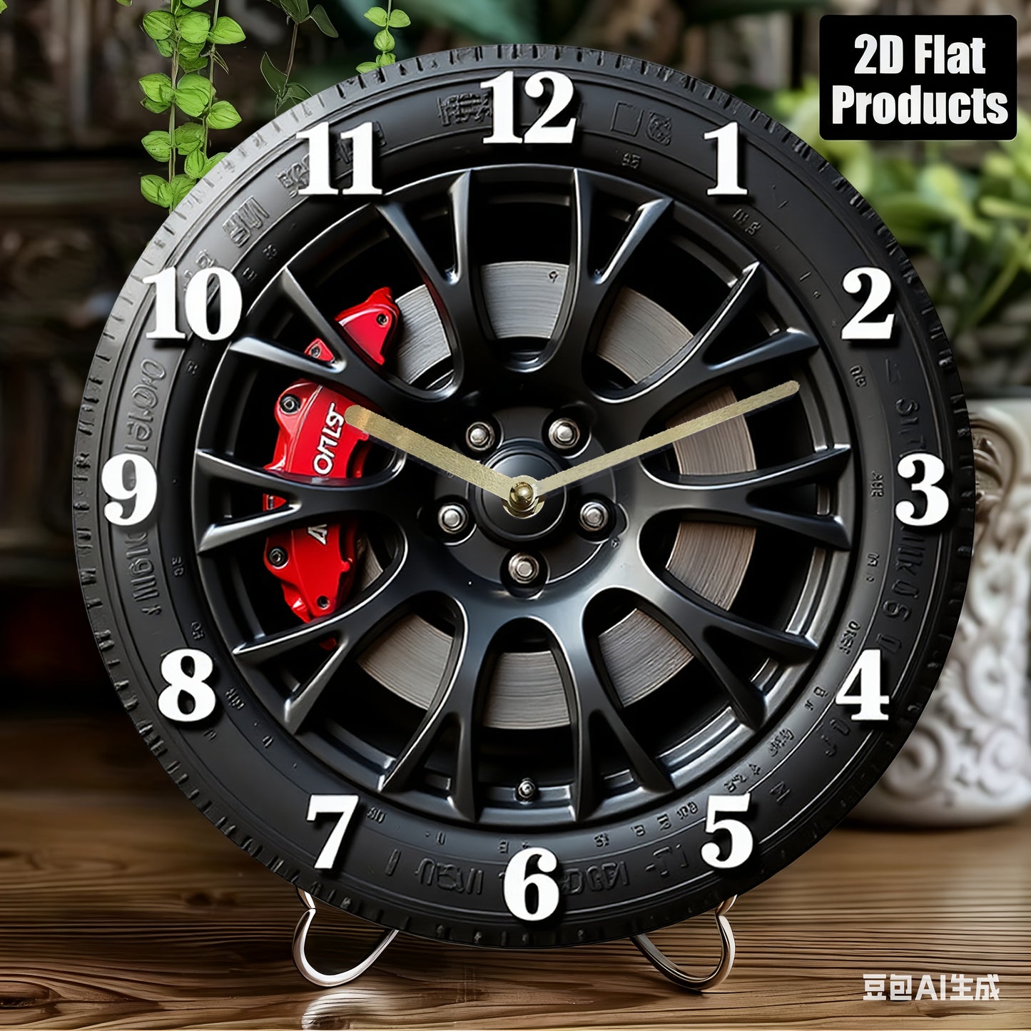 Modern minimalist car decoration - 12-inch silent wall clock, black wheels and red brake calipers, 2D flat surface - suitable for garages, living rooms, offices, industrial fashionable home decoration, garage decoration, uniq