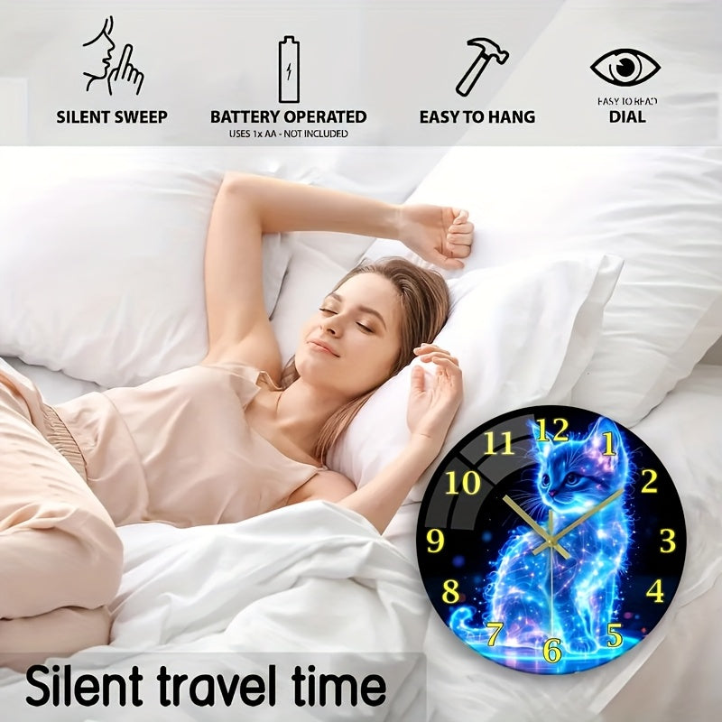 One 12-inch glowing neon cat silent wall clock - stunning blue galaxy kitten design, made with thick tempered glass, perfect for home and kitchen decor, Valentine's Day or anniversary gift. Batteries not included, cat-themed