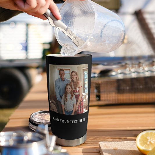 Customizable Coffee Mug Featuring a Photo, Available in 20 Oz, 30 Oz, And 40 Oz Sizes, Made of Stainless Steel with Vacuum And a Lid. an Ideal Personalized Christmas Present for Loved Ones.