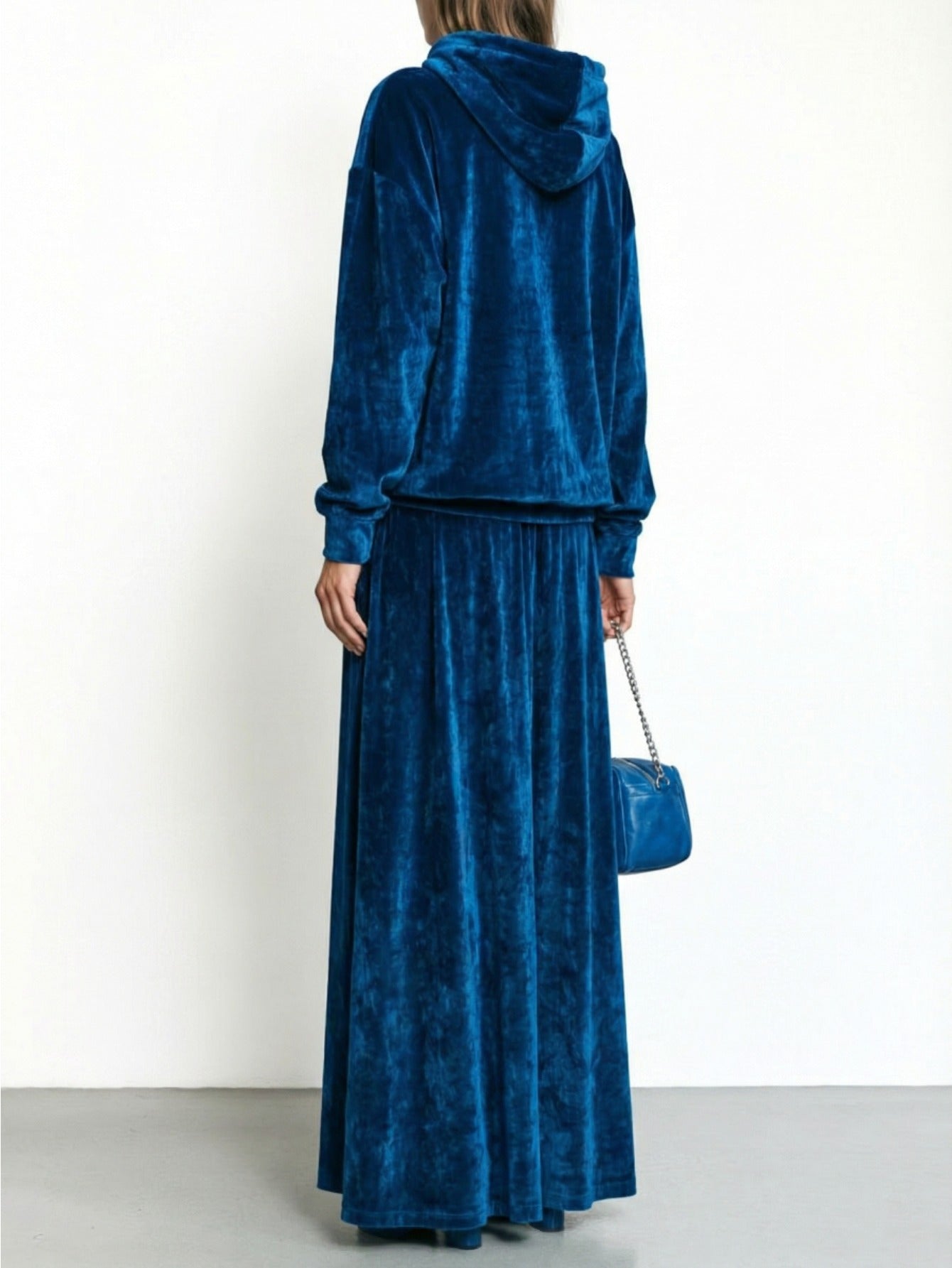 Dark Blue Hooded Drawstring Oversized Top + Long Flared Maxi Skirt Women'S Suit Set | Sophisticated Elegant Lazy Casual Style for Fall/Winter Daily Outings, Light Social Occasions & Date Gatherings