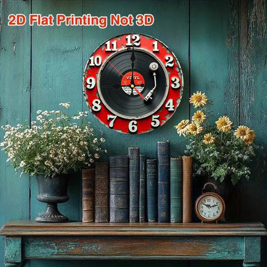 2D Flat Room Decor, 1pc, A red and white sign with a microphone and vinyl records, 9.8-inch, 2D Wooden Flat, Silent Wall Clock, Non-Luminous, Wooden Quartz Design, perfect for spiritual homes/ holiday/ Living Room/ Coffee/ Be