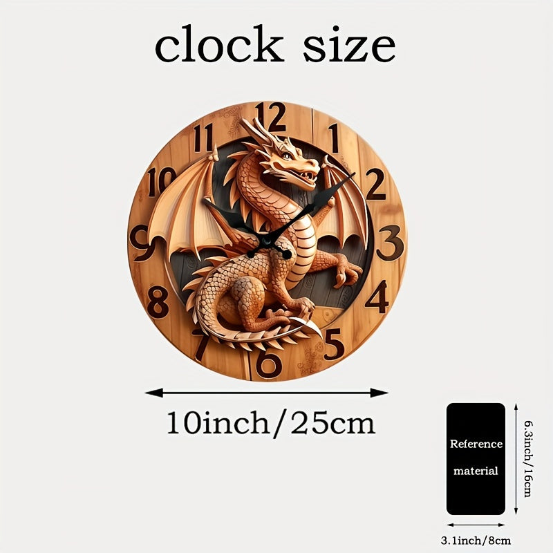 3D Dragon Wall Clock with Japanese Quartz Movement & Auto-Ringing Bell - Silent Sweep Mechanism, Large Black Hands, Asian-Inspired Artificial Wood Round Clock for Home/Office (Battery, AAA Batteries Not Included) - Dragon