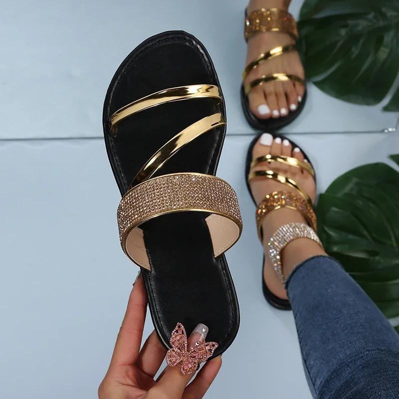 Glittering Rhinestone Sandals for Ladies - Comfortable Open-Toe Flats Suitable for Both Indoor And Outdoor Use.