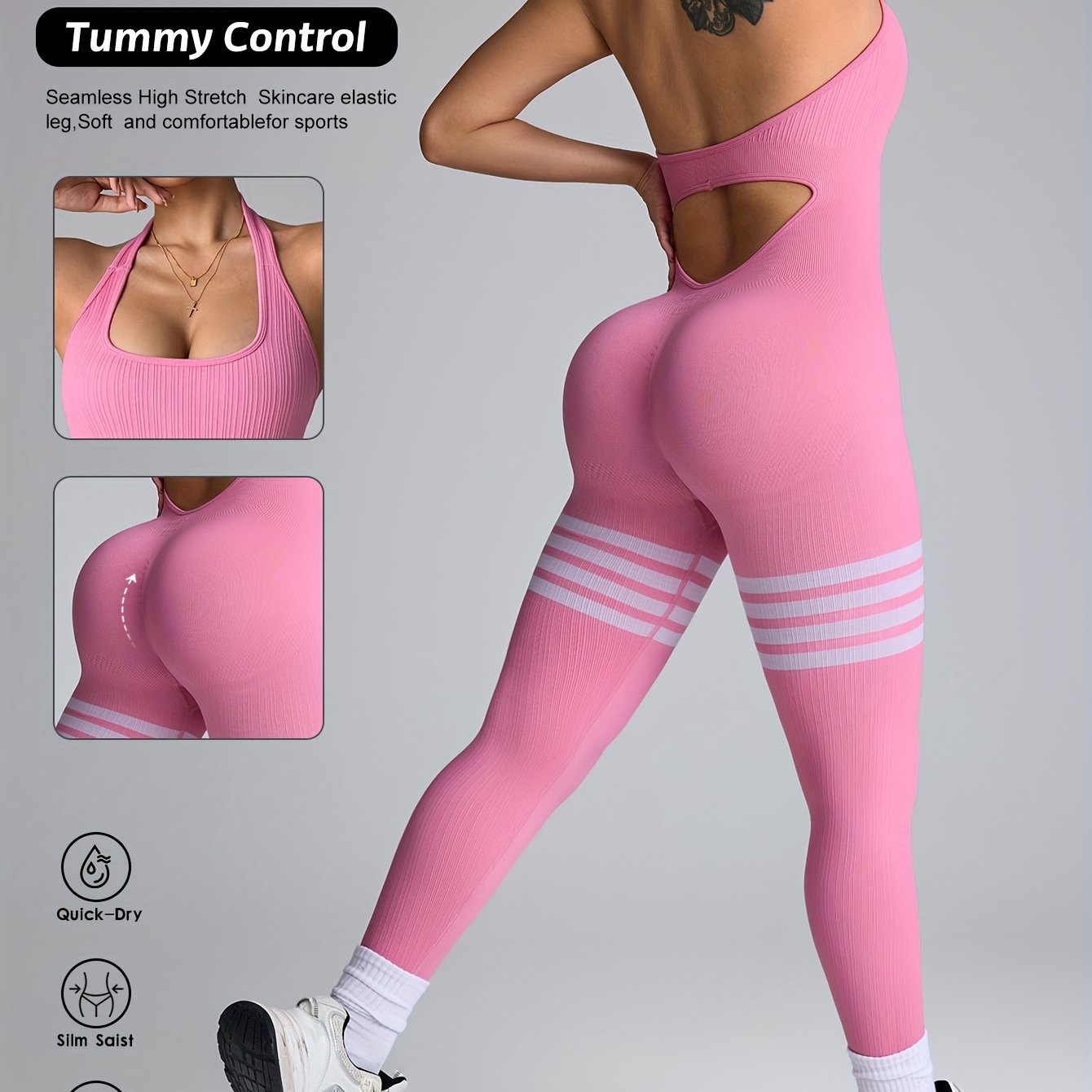 Women's High-Waisted Yoga Rompers - Butt-Lifting & Tummy Control Workout Bodysuit, Non-See-Through Quick-Dry Athletic Onesie for Gym, Yoga, Dance - Machine Washable Fitness Suit, Durable Sportswear, Gym Wear, Seamless Design,
