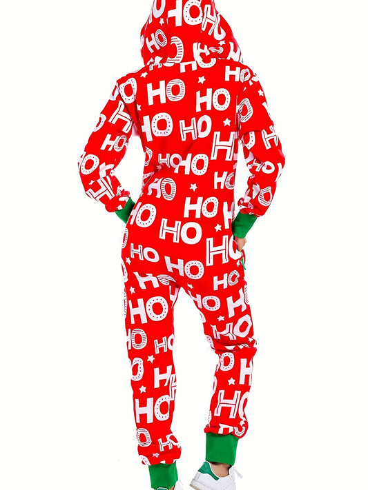 Ladies Festive Christmas Hooded Jumpsuit - Comfortable Long Sleeve "HO HO" Print, Front Zipper, Red and Green Festive Design, Machine Washable, Perfect for Fall/ Winter Parties, Christmas Clothes, Holiday Outfit, Seasonal Fas