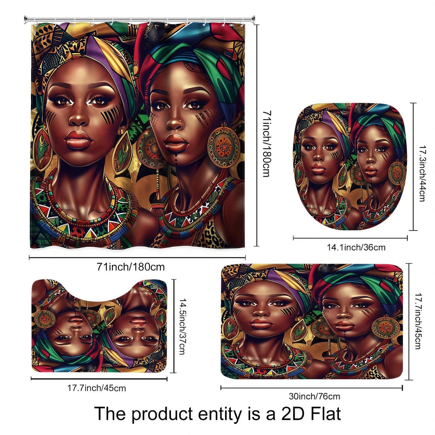 1pc/4pcs - 2D Flat Black Shower Curtain Set, African American Women Western Fashion Art Bathroom Set, Full Set Of 12 Hooks, Non-slip Bath Mat, Toilet U-Shaped Mat, Toilet Mat, Bathroom Decor And Accessories, 2D Flat
