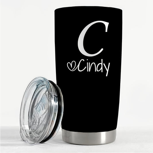 Personalized Stainless Steel Tumbler 20oz - Custom Name/Initials/Text - Double-Wall Insulated Cup with Leakproof Lid & Elegant Cursive Lettering - White with Black Lettering - Ideal Gift for Valentine's, Birthday, Office, Tra