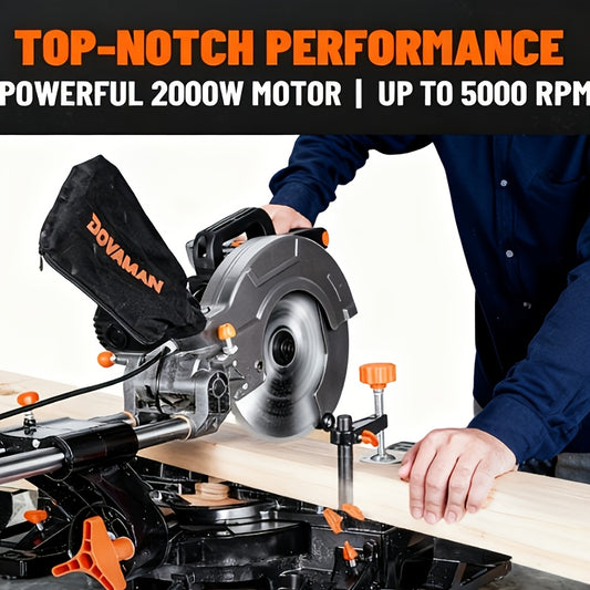 DOVAMAN Upgraded 10-Inch Gliding Miter Saw, All-Material Cutting With 2 X TCT Saw Blades, Two-Handed Operable, 5000/3200RPM Rotation Rate, 0-45° Angle Bevel Cutting, Max Cutting Size 3.5x13.4in, 9 Fixed Stops