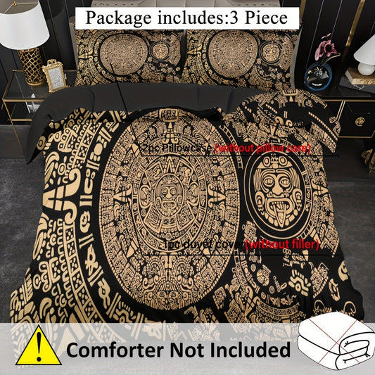 3pcs Comfortable Retro Mayan Civilization Theme Duvet Cover Set, Soft High-Definition Digital Print, Black And Golden Design, All-Season, Family And Friends Gift, Machine Washable (1 Duvet Cover + 2 Pillowcases, No Filling)