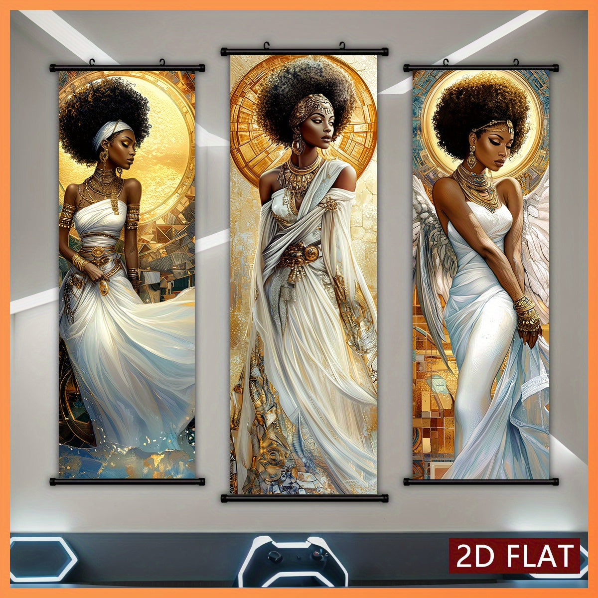 2D Flat, 2D/FLAT-3pcs Egyptian Goddess Plastic Scroll/ Scroll Painting, Sacred and Elegant Style Decorative Painting, White Dress Golden Ornament Halo Wings Element, Geometric Golden Pattern Background, Suitable for Living Ro