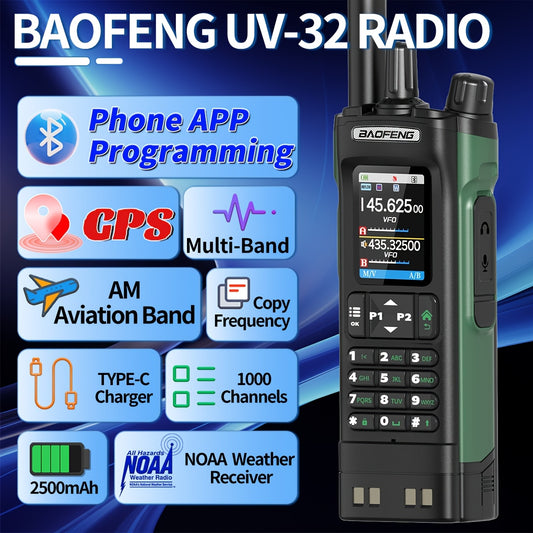 2-Pack BAOFENG UV-32 Ham Radio Handheld 10W Long Range Rechargeable NOAA Weather Receiver 5RM K5 Tactical Two Way Radio with GPS, USB-C Charging, UHF Frequency, Lithium-Polymer Battery, Green Color, Non-Waterproof, for Adults