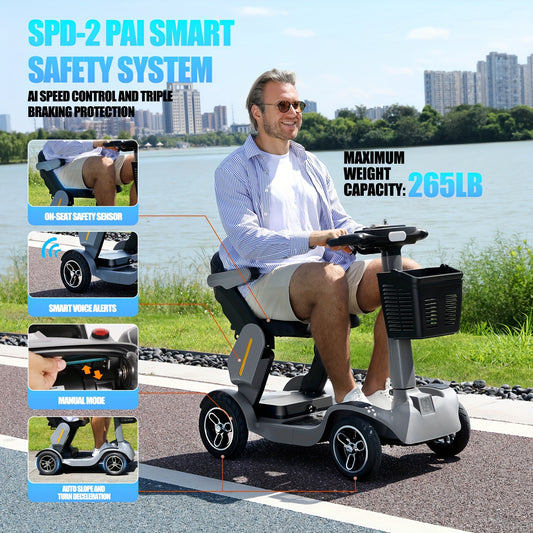 Heavy-Duty 265 lb Capacity Mobility Scooter for Seniors & s - 34-Mile Range, 6 MPH All-Terrain Wheelchair with Foldable Lightweight Frame, PAI -Tip System & Lithium-Ion Battery (Global Voltage 100-240V) - Portable Power