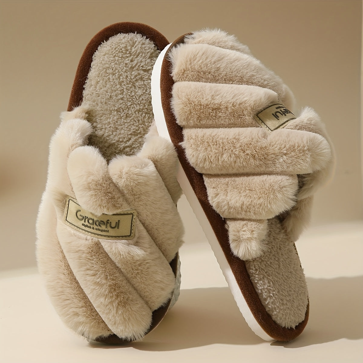 Women's Winter Plush House Slippers - Cozy Indoor/Outdoor Moccasins with Soft & Non-Slip PVC Sole, Beige/Black/Pink/Brown/ - Cushioned Warmth for Home, Hotel, Spa - Easy-Care Fabric Upper (No Maintenance)