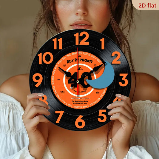 InkBloomsc Vintage Vinyl Record Wall Clock - Retro 2D Music Note & Record Label Design with Orange & Black Numbers, Large Easy-to-Read Face, Quartz Movement, 10 Inch Round Wood Clock for Living Room, Bedroom, for home Office