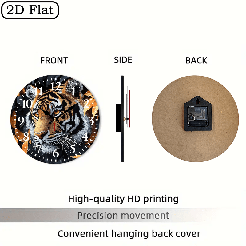 10x10 Inch Round Wooden Wall Clock with Tiger Head & Orange Leaves Design - Silent Non-Ticking Battery-Powered Modern Black/White Face, Golden Hands - Home Office Bedroom Decor, Wildlife-Themed Gift for Halloween Christmas (A