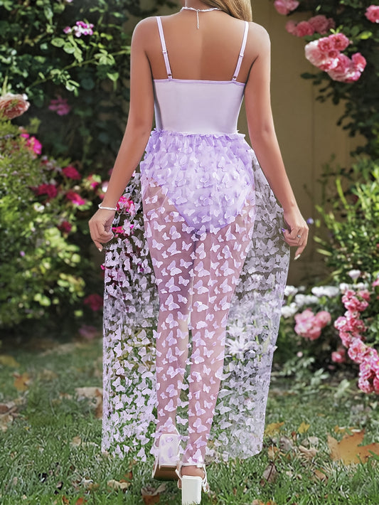 Romantic Purple Butterfly Mesh Perspective Elegant Dress | Perfect for Weddings, Parties, and Vacations with Geometric Pattern and Bow Details