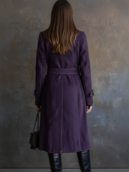Women's Vintage Button- Long Trench Coat - Collar Elegant Winter Raincoat, Hand Washable H-Silhouette Outerwear for Parties, Weddings & High-End Social Events (Solid Color)
