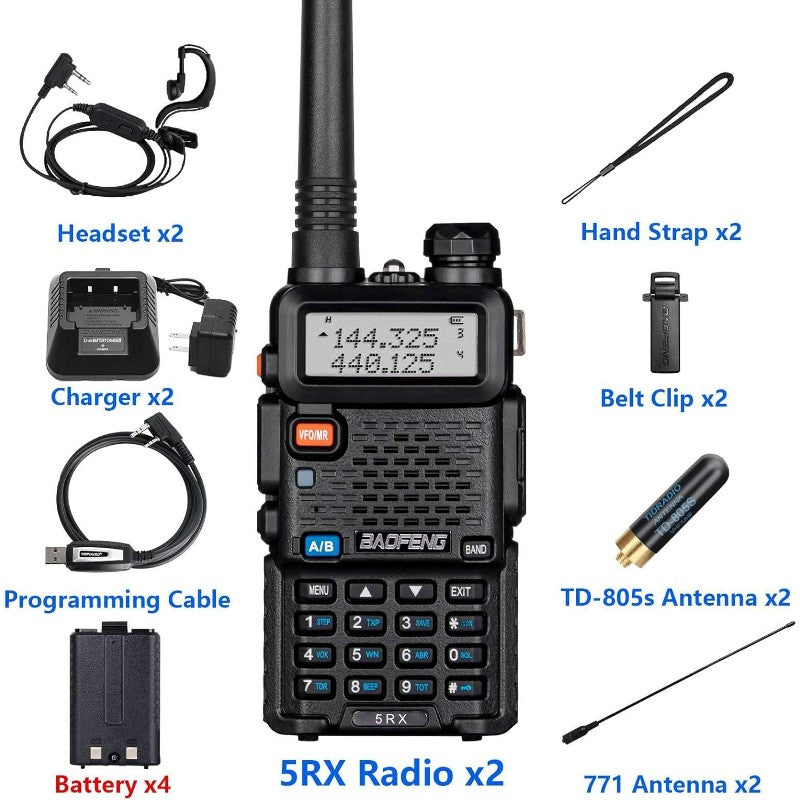 Baofeng 5RX Ham Radio Upgraded of UV 5R Multi Band Receiving Two Way Radio with 4pcs Battery VHF 1 25M UHF AM FM Reception DTMF VOX SCAN Dual Watch Walkie Talkie with Earpiece 771 Antenna 2 Pack