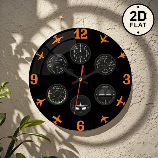 1pc Aviation Instrument Panel Wall Clock - Pilot Dashboard Design with Black Background, Orange Needle - Silent Non-Ticking Quartz Movement - for Living Room, Office, Aviation Decor - Compatible with AA Batteries (Not Include