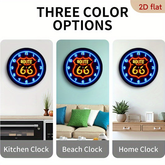 1pc Route 66 Neon Glow Silent Wall Clock - Retro Route 66 Highway Decoration with Neon Blue Lighting, Vintage Americana Road Trip Decor - Battery-Powered Wooden Clock for Home, Office, Halloween Party - No Ticking Noise, Easy