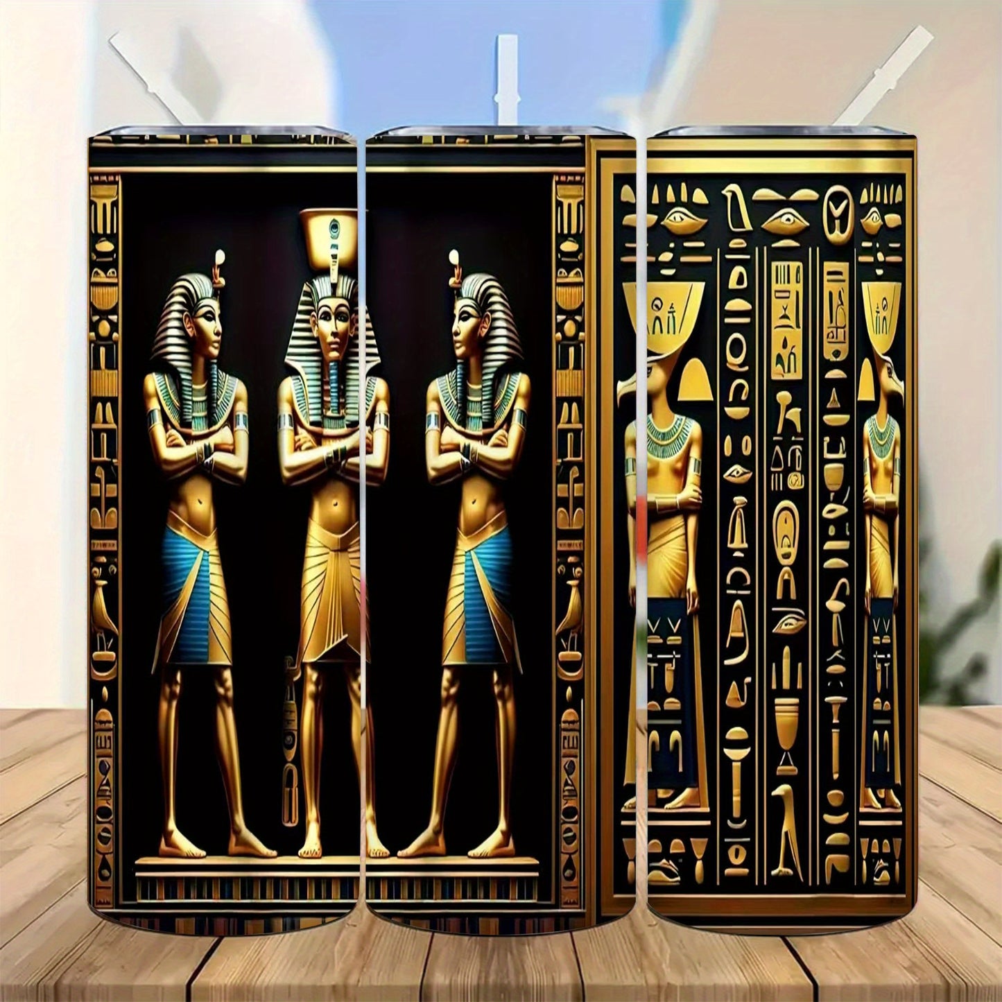 1pc Egyptian Hieroglyphs & Pharaohs Tumbler with Lid & Straw - 12oz/20oz Insulated Travel Mug, Double-Wall Vacuum Cup with Golden & Black Egyptian Design, Tutankhamun & Anubis Pharaohs, Ideal Gift for History Buffs, Christmas