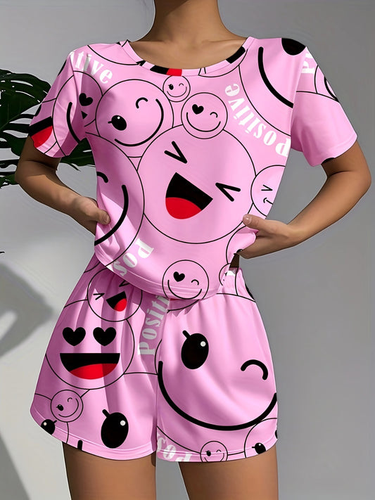 Women's Pajamas Women's Casual Sleepwear Happy Theme Patterned Pajama Set, Soft Loose Fit Short Sleeve Top with Elastic Pants, Machine Washable and Dry Cleanable, Perfect Sleeping Choice
