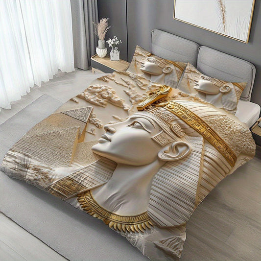 MOKALALA 3pcs Egyptian Pharaoh Bedding Set - King Tutankhamun Design with Golden & Beige Ancient Egypt Patterns, 1 Duvet Cover + 2 Pillowcases, All-Season Luxury Bedspread for Themed Home Decor, Christmas Gift Idea, Machine W