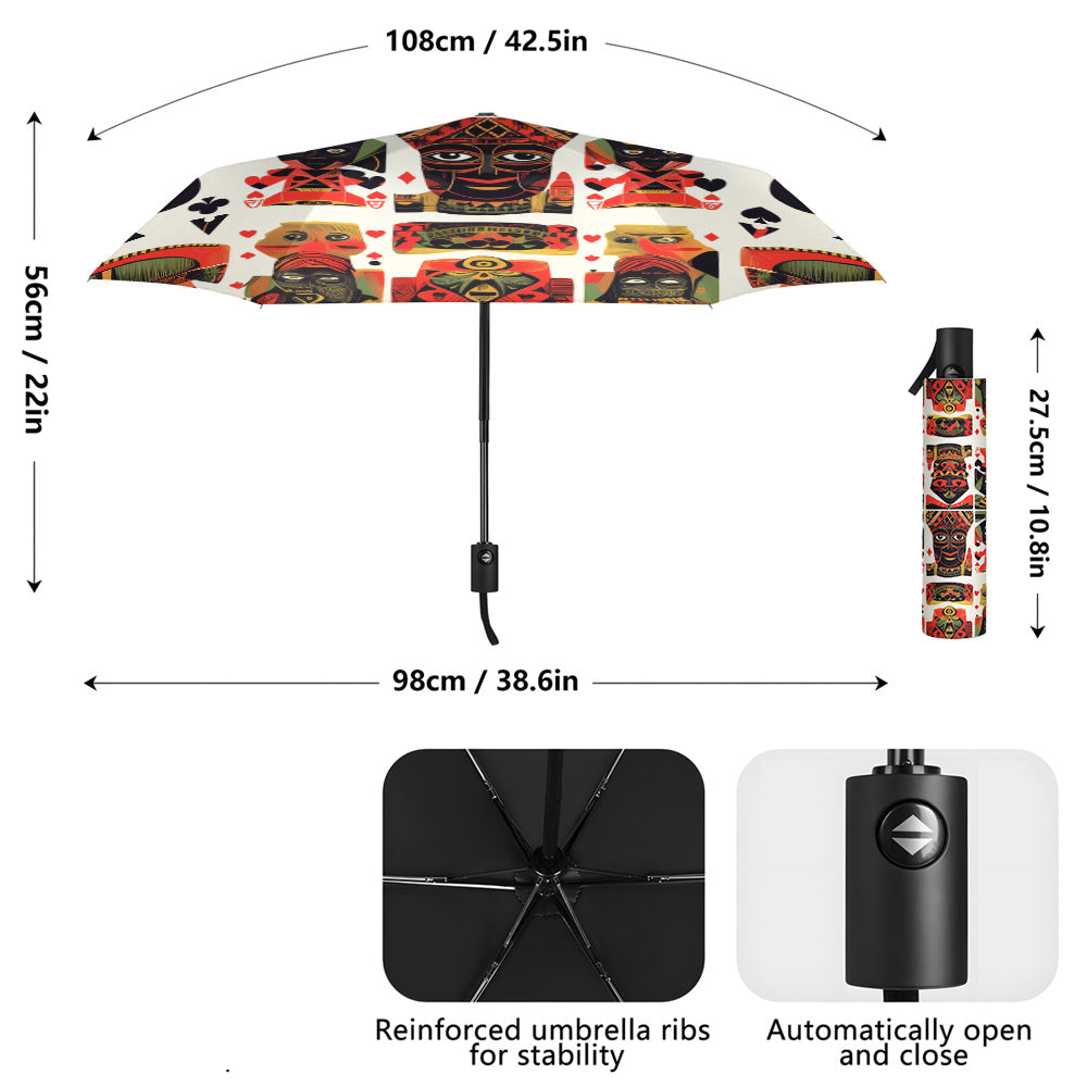 Open/Close Umbrella with African Mask Design - Red & Black Folding Umbrella, 8-Rib Sturdy Canopy, Portable for Travel, Durable Plastic/Ferrule Frame - Unique Gift for Men & (Casual & Special Occasions)