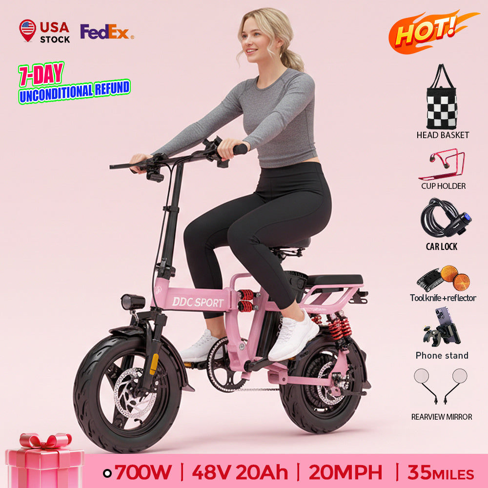 M1 Electric Bike For Adults,32 Miles Range,700W peak motor,20MPH Speed, 48V 20Ah Removable Battery, Dual Disc Brakes, Front And Rear Suspension & Commuter EBike, 14'' all-purpose tire, LCD Mileage Display