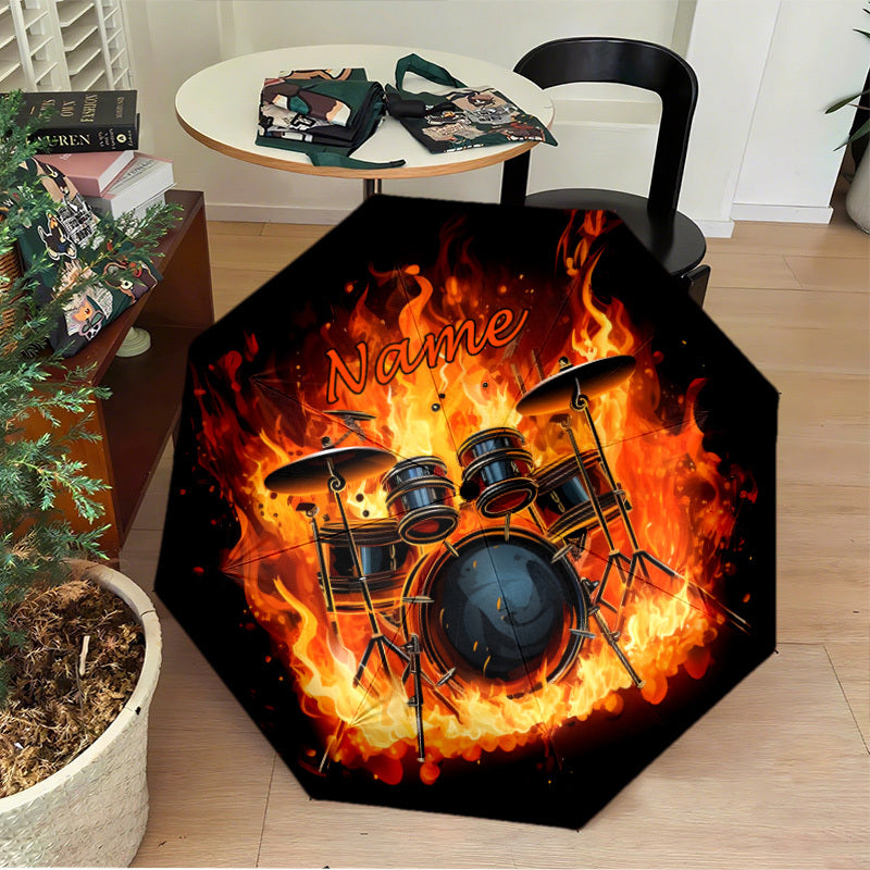 Personalized Drumset in Flames Music-Themed Umbrella with Name/Text - Automatic Open/Close, 8-Rib Durable Design, Compact Folding Umbrella for Drummers, Musicians - Ideal Birthday/Holiday Gift ( Band Style, Black & Golden Dru
