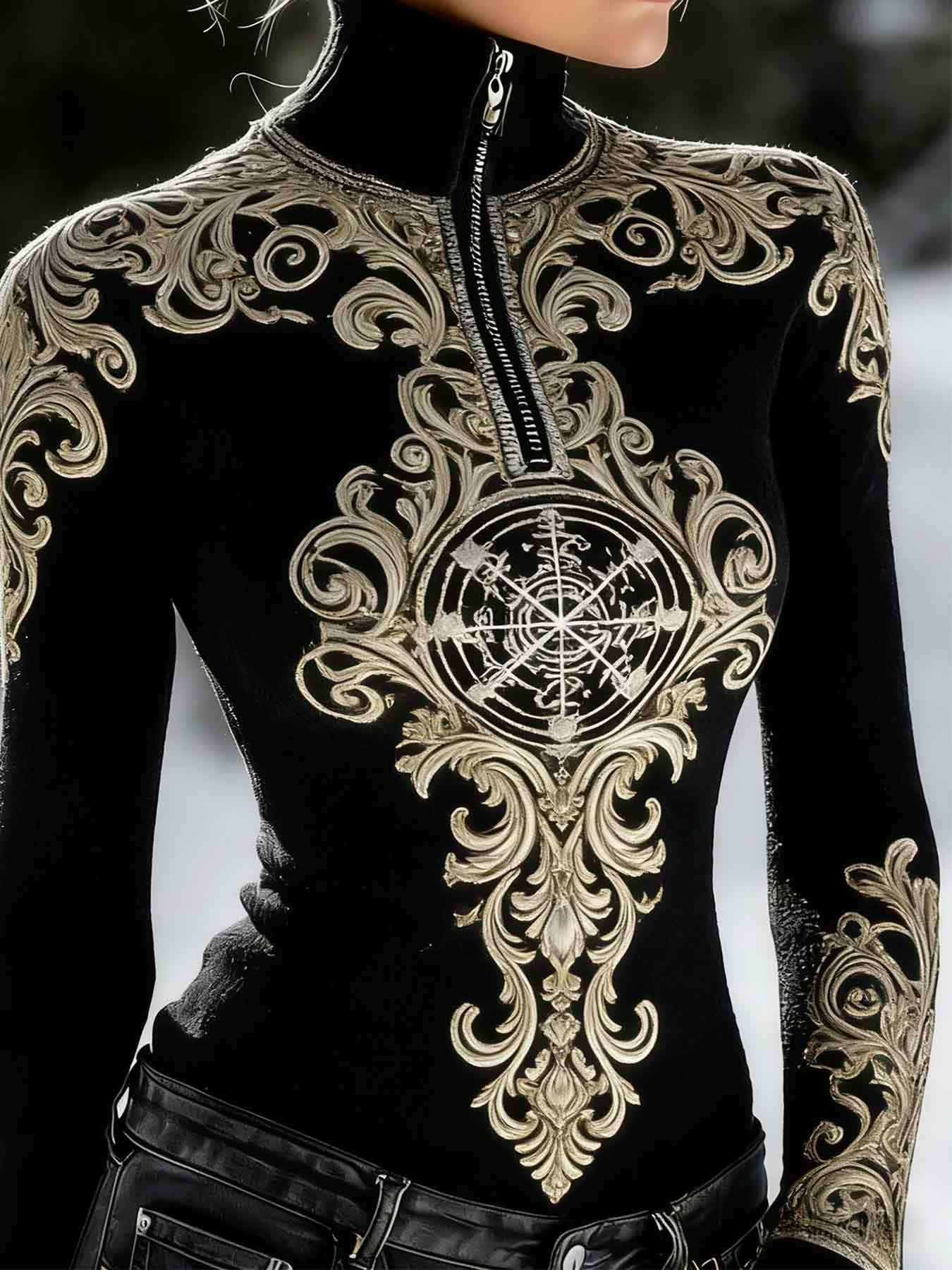 This Is a Women'S Half-Zip Turtleneck Sweatshirt Featuring a Printed Design Rather Than a Textured One. It Showcases an Ethnic Retro Style with Intricate Decorative Elements