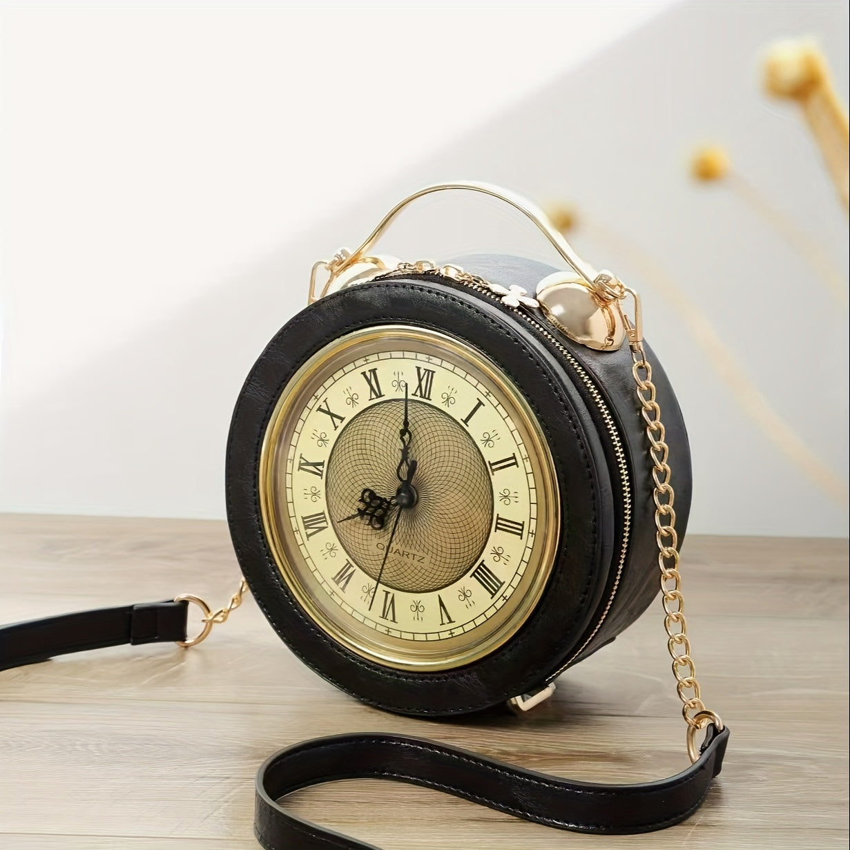 Vintage-Inspired Clock Handbag with Adjustable Strap – Stylish Round Design in Caramel, Pink, or Black – PU Material, Zip Closure, Perfect for Casual Outings
