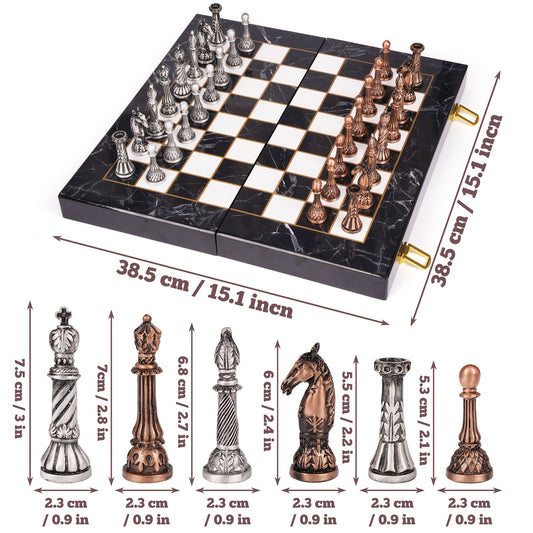 Deluxe Vintage Metal Chess Set for Adults - Marble Pattern Board & Pieces, Portable Folding Design, Ideal for Beginners to Pros