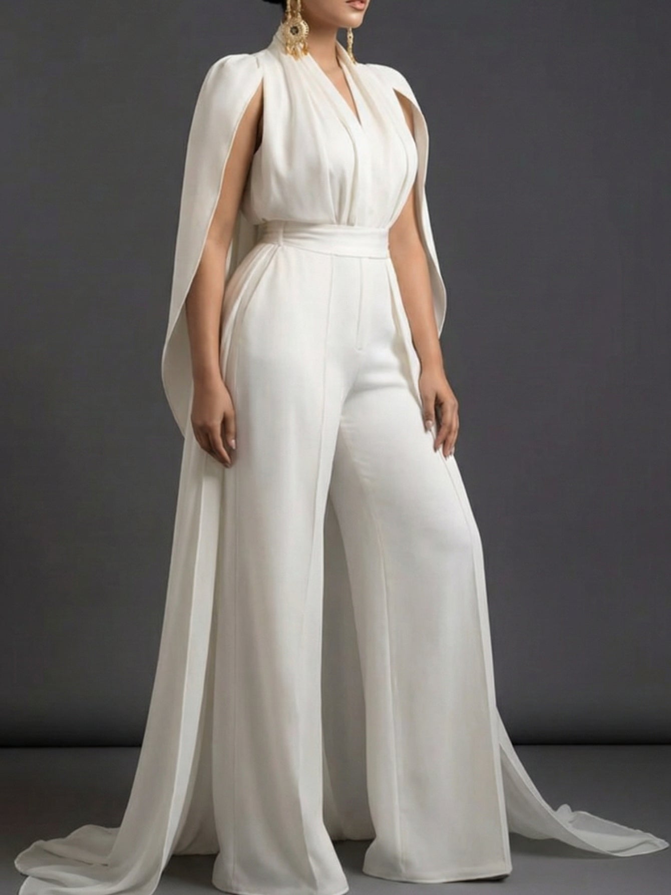 White V-Neck Capelet Waist- Wide-Leg Maxi Jumpsuit | Elegant and Exquisite Style Perfect for Parties, Formal Occasions & Light Social Events