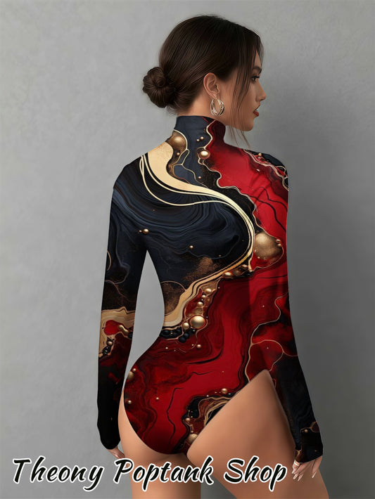 Women's Elegant Marble Red Golden Print Mock Neck Bodysuit - Slim-Fit Long Sleeve Jumpsuit, Red & Golden Marble, Machine Washable, Holiday Wedding Guest Attire, Ultra-Casual Wear - Exclusively Designed for Women