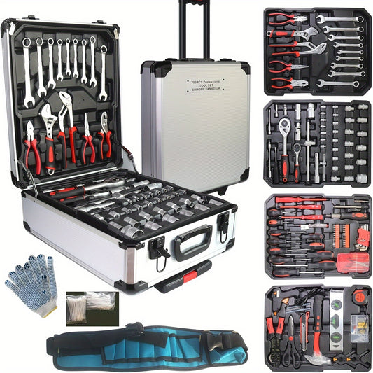 799pcs Men's Tool Set with Rolling Box, Complete Household Tool Kit in Aluminum Trolley Case, Ideal Father's Day Gift, Tool Box, Tool Set, valentines day gift