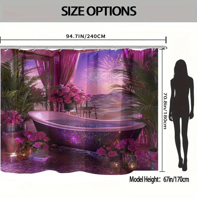 1/4pcs Dreamy Bathtub Night Scene Print Set, Extra Wide Circular Shower Curtain, Includes Non-Slip Mat, Toilet Seat Cover, Floor Mat, and 12 Plastic Hooks, Bathroom Accessories, Holiday Decoration, Home Gift, Shower Curtain S